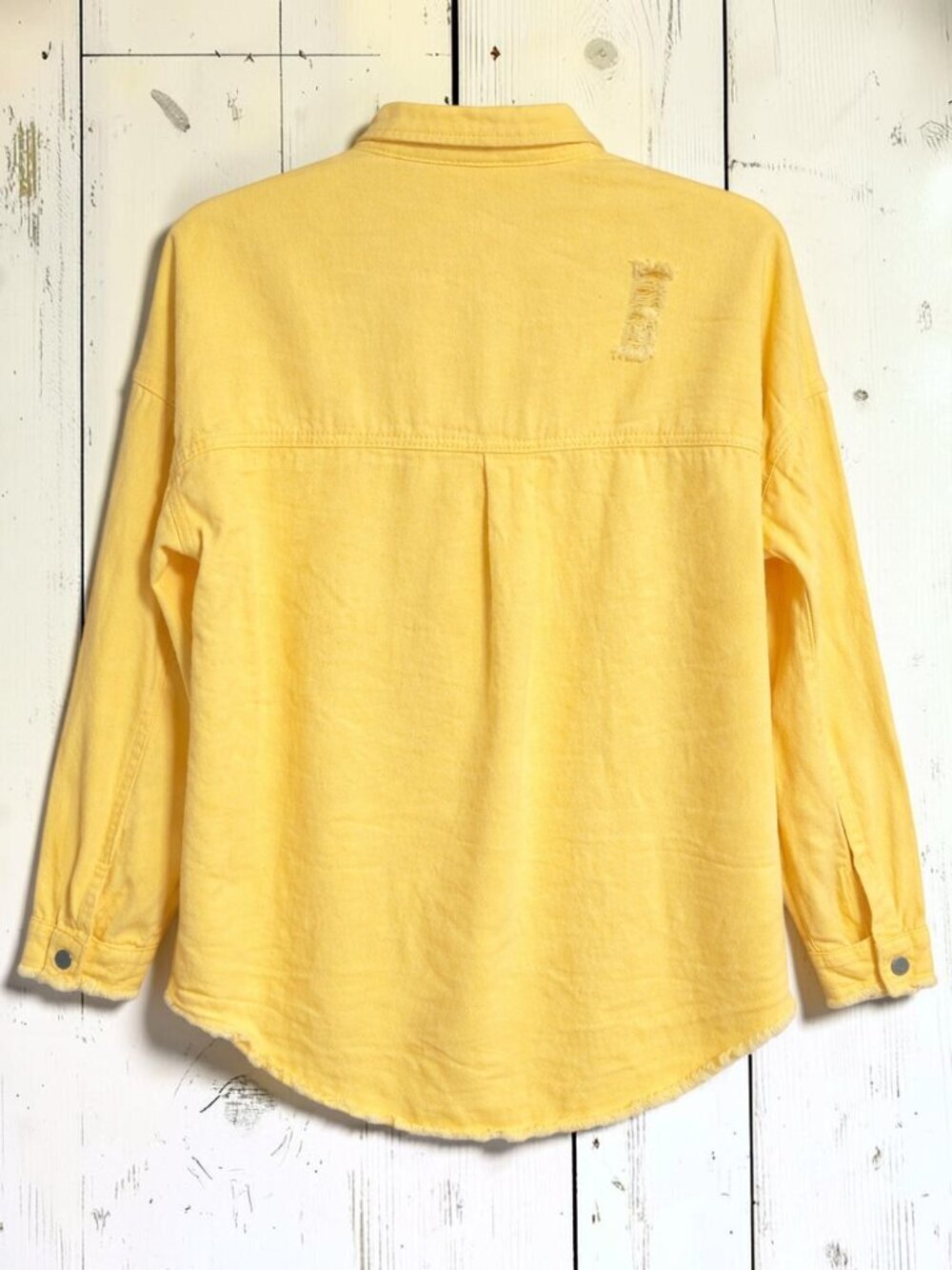 Lemon Yellow Distressed Cotton Denim Boho Coastal Cowgirl Shacket Jacket Large - Picture 6 of 14